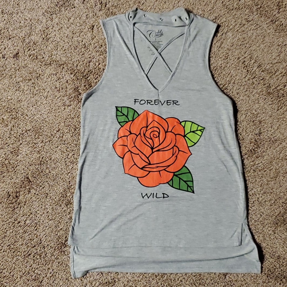 Gray choker tank. Large red rose and "Forever Wild